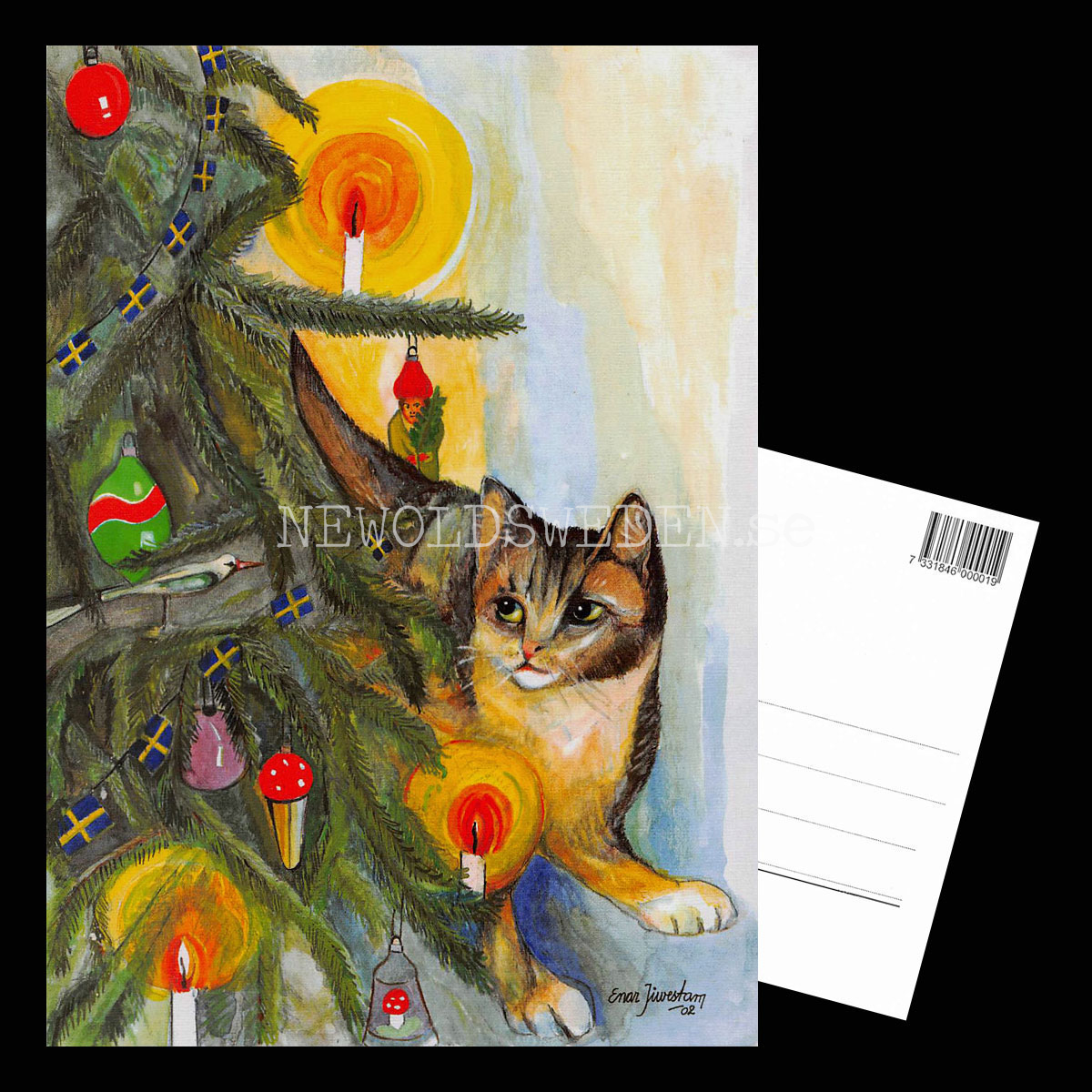 Katt vid Julgranen God Jul Enar Jiwestam 44 av 78 - Vykort A5 - 3