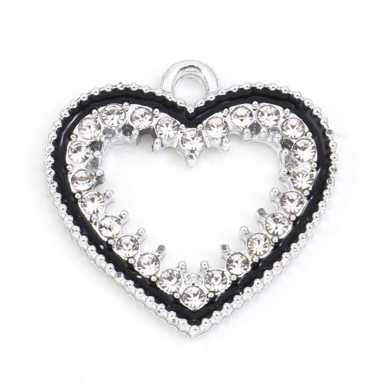 Berlock - Hjärta,  Silver & svart m rhinestones