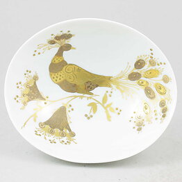Björn Wiinblad (Quatre Couleurs 1970s) White Oval Bowl with Golden Bird Motif 14 cm