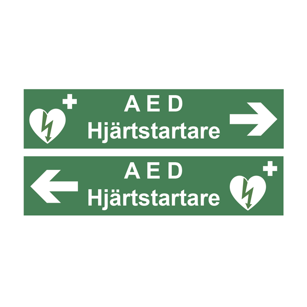 Skylt, AED Hjärtstartare med pil, 400x96mm