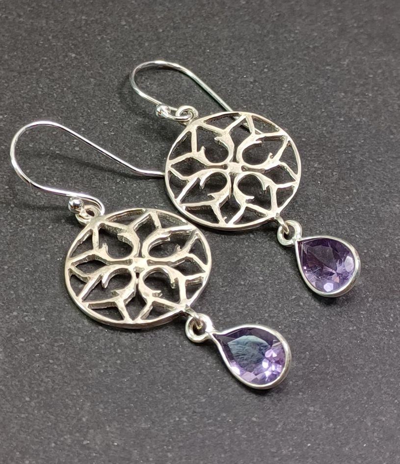 Silver och Sten Örhängen med Lotus  i Ring -   Ametist