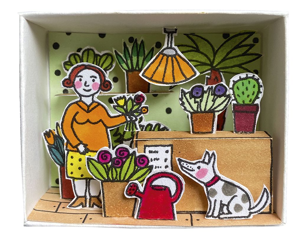 Pysselask med figurer, Blomsteraffär