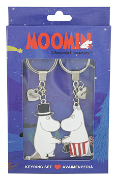 Två stycken Mumin nyckelringar som föreställer Muminpappa och Muminmamma