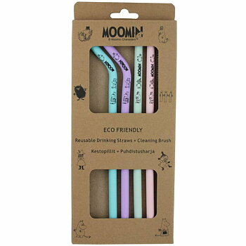 En förpackning med 4 st Mumin silikon sugrör i olika färger och med söta Mumin motiv