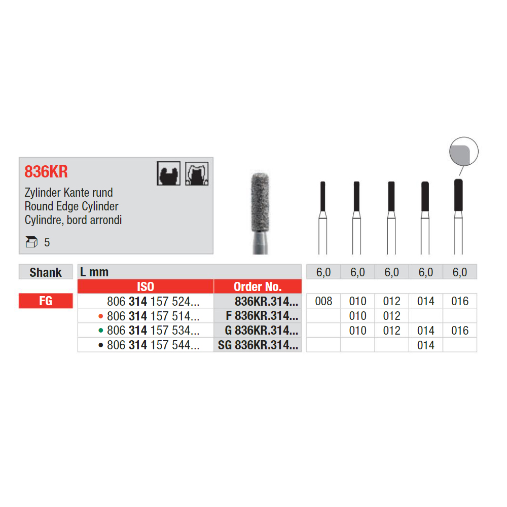 Cylinder Short Round Diamond FG 836KR, 5St.