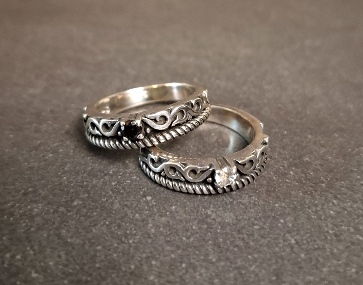 Vågig Mönster Silver Ring med fasett slipad bergkristall eller svart onyx - 5