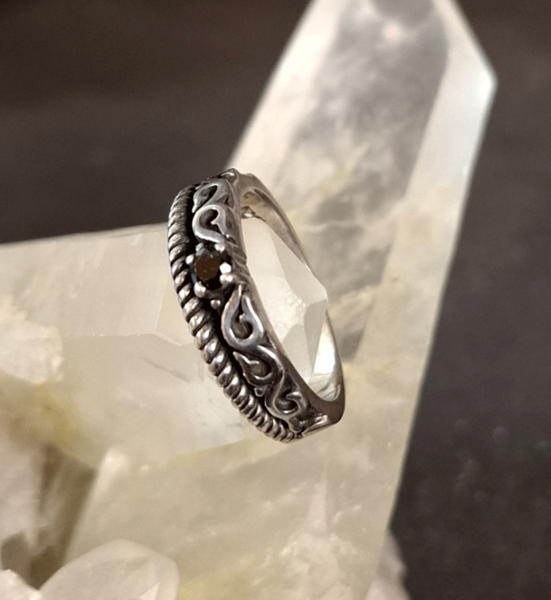 Vågig Mönster Silver Ring med fasett slipad bergkristall eller svart onyx - 3