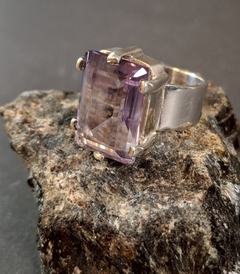 Fyrkantig Fasett Slipad  Ametist Silver Ring  - 2