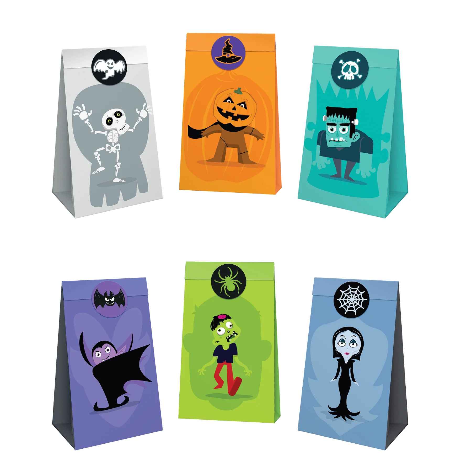 Halloween Monsters godispåsar 6-pack med skelett, pumpa, Frankenstein, vampyr och zombie