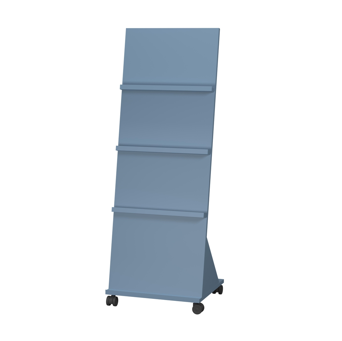 Västerås Floor Display Unit Mono freestanding display unit on castors with rails for face-out book presentation, with back panel and shelves always in the same finish.