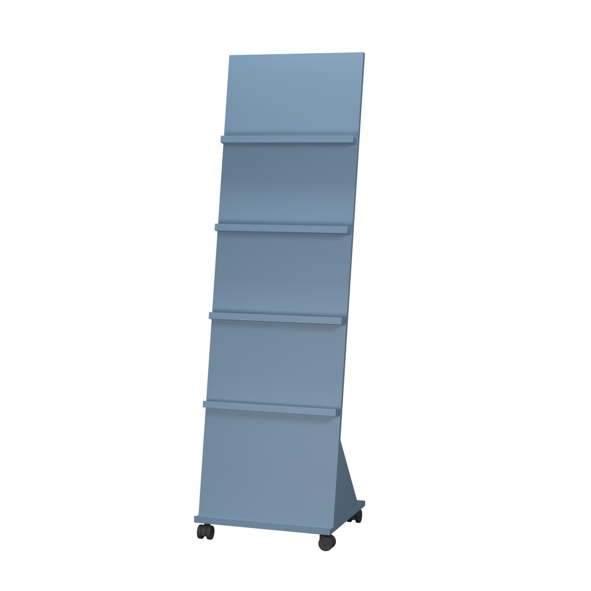 Västerås Floor Display Unit Mono freestanding display unit on castors with rails for face-out book presentation, with back panel and shelves always in the same finish.