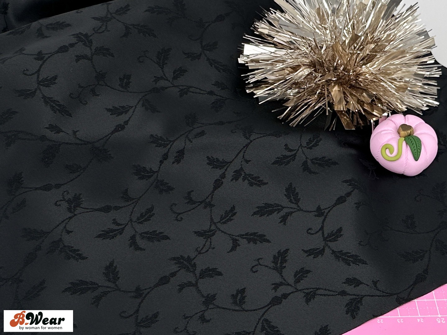 Stretch Satin - Black with flowerleafs