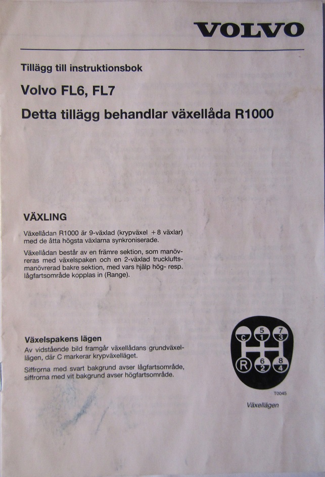 1989 Volvo FL6 och FL7  Instruktionsbok tillägg växellåda R1000 10.88