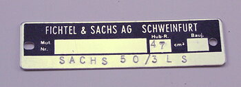 Typenschild für 50/3 LS Sachs Motor NOS