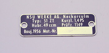 Typeskilt for NSU-motor NOS