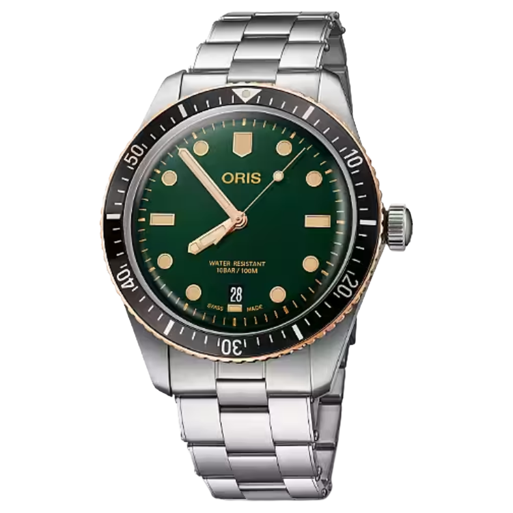 01 733 7707 4357-07 8 20 18 Oris Divers Sixty-Five 40 stål brons grön