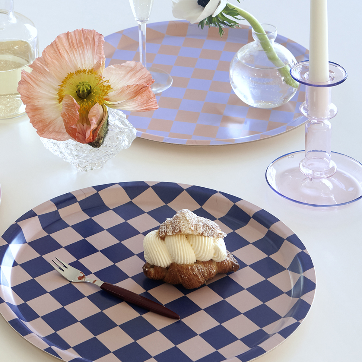 CHECKER Indigo/Almond Round Serving Tray - 31 cm - 3