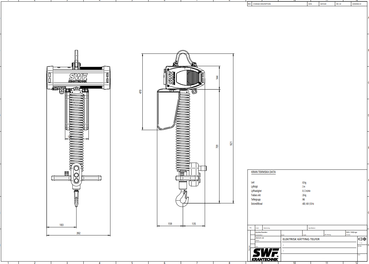 Kättingtelfer SWF Handymaster, Maxlast: 63 kg / Lyfthöjd: 3 meter / Lyfthastighet: 8/2 m/min - 3