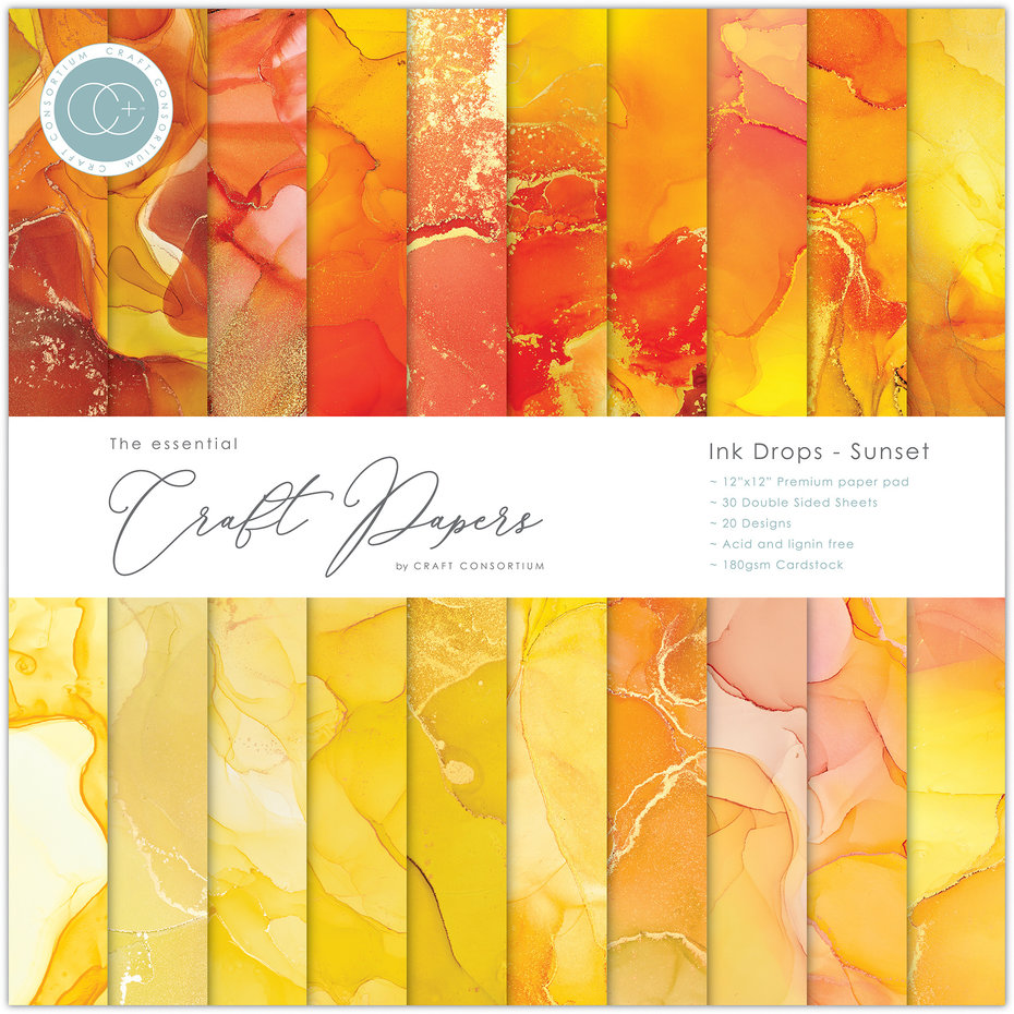 Ink Drops - Sunset, 12x12" block, Essential Craft Papers,  Craft Consortium 