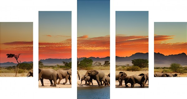  Elephants in Dawn 5 Frame Diamond Painting