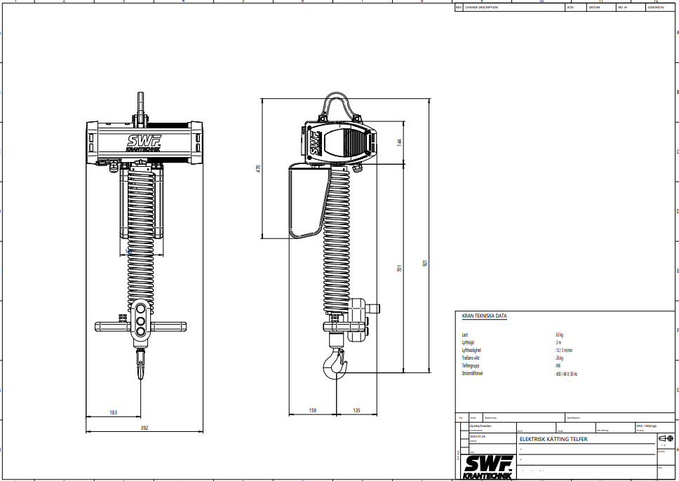 Kättingtelfer SWF Handymaster, Maxlast: 63 kg / Lyfthöjd: 3 meter / Lyfthastighet: 12/3 m/min - 3