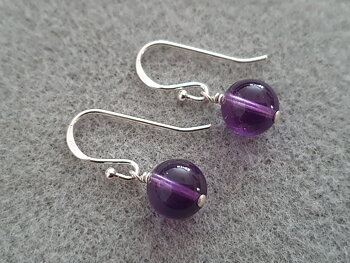 Earring with 9mm round amethyst bead, pair, earhooks in sterling silver