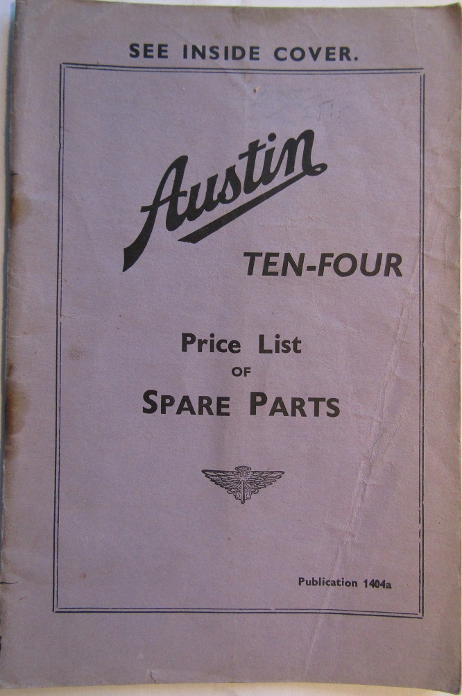 1936 Austin Ten-Four Prislista för Reservdelar