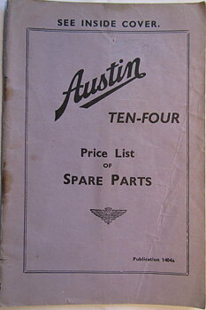 1936 Austin Ten-Four Prislista för Reservdelar