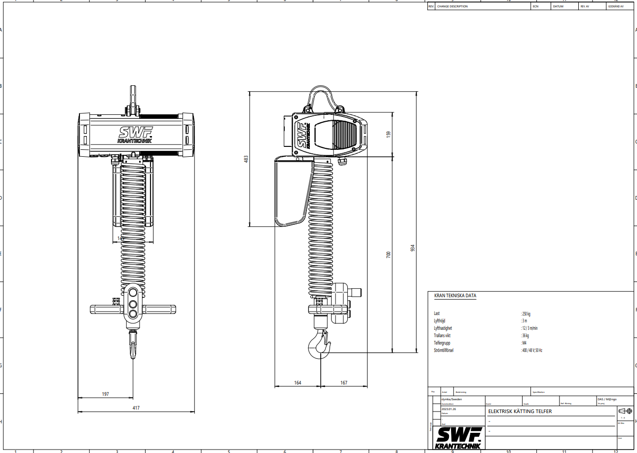Kättingtelfer SWF Handymaster, Maxlast: 250 kg / Lyfthöjd: 3 meter / Lyfthastighet: 12/3 m/min - 3