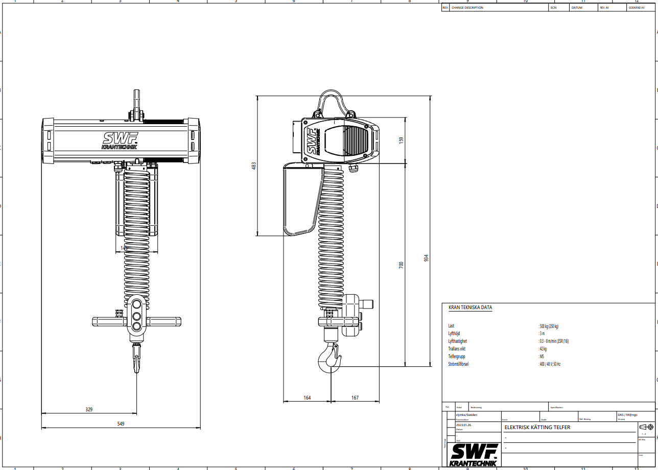 Kättingtelfer SWF Handymaster, Maxlast: 500 kg / Lyfthöjd: 3 meter / Lyfthastighet: 0,3-8 m/min - 3