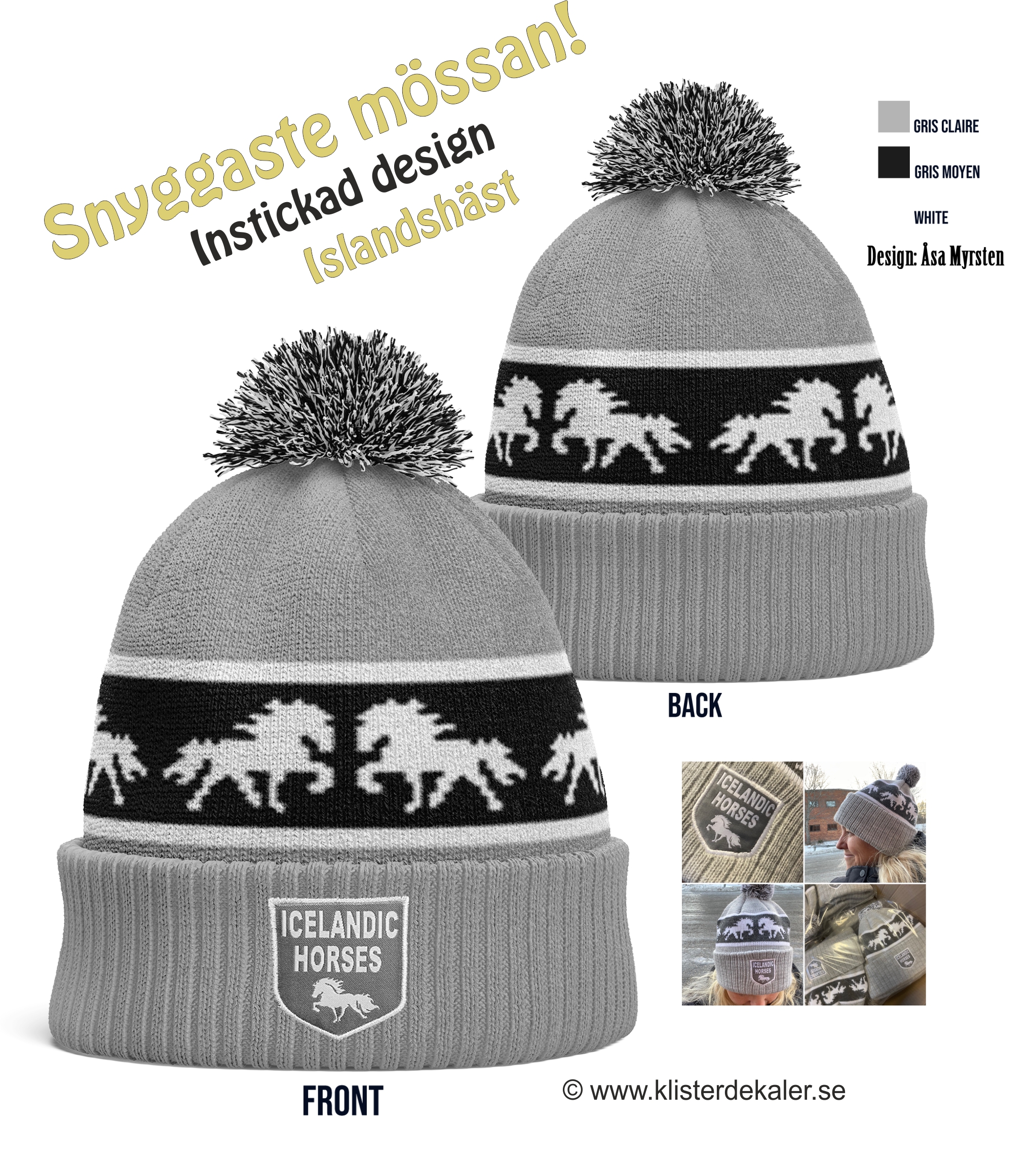 Stickad mössa med instickade Islandshästar i tölt.  - 3