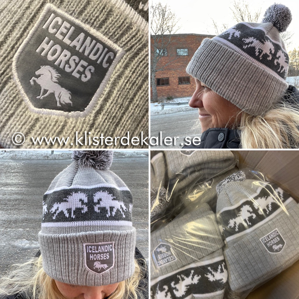 Stickad mössa med instickade Islandshästar i tölt.  - 4