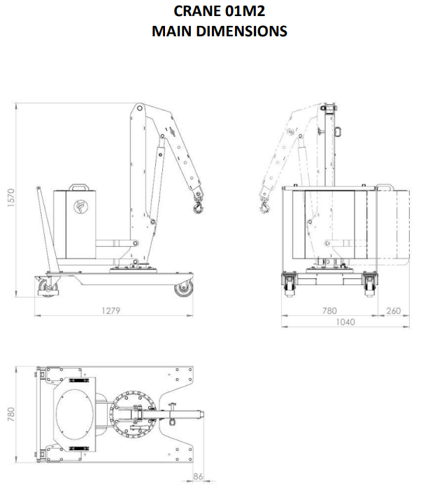 Mobil verkstadskran 01M2, Maxlast: 200-130 kg / Max utligg : 770 mm - 2