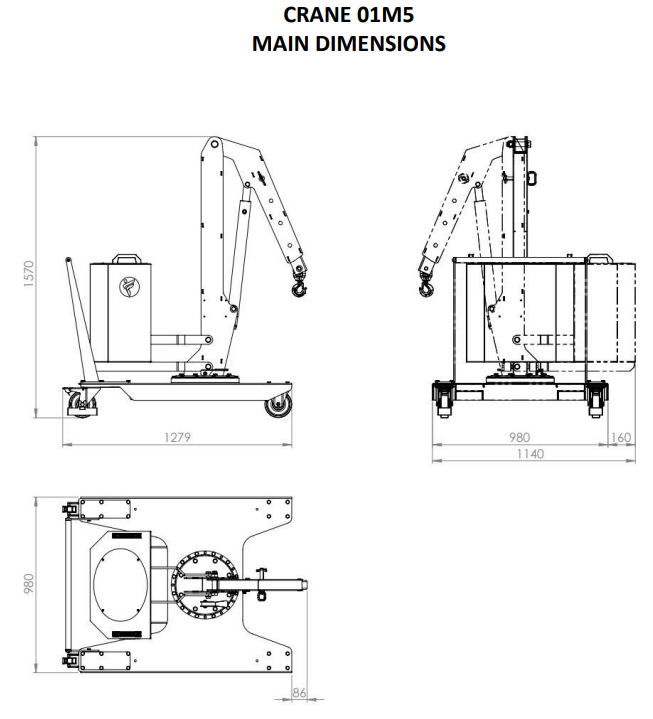 Mobil verkstadskran 01M5, Maxlast: 500-320 kg / Max utligg : 770 mm - 2