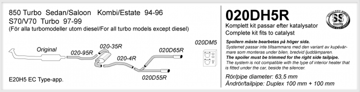 2,5"" sportavgassystem 850, S70, V70, Turbo, halvsats, dubbla utblås