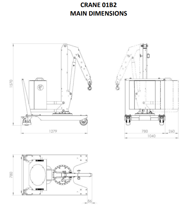 Mobil verkstadskran 01B2, Maxlast: 200-130 kg / Max utligg : 770 mm - 2