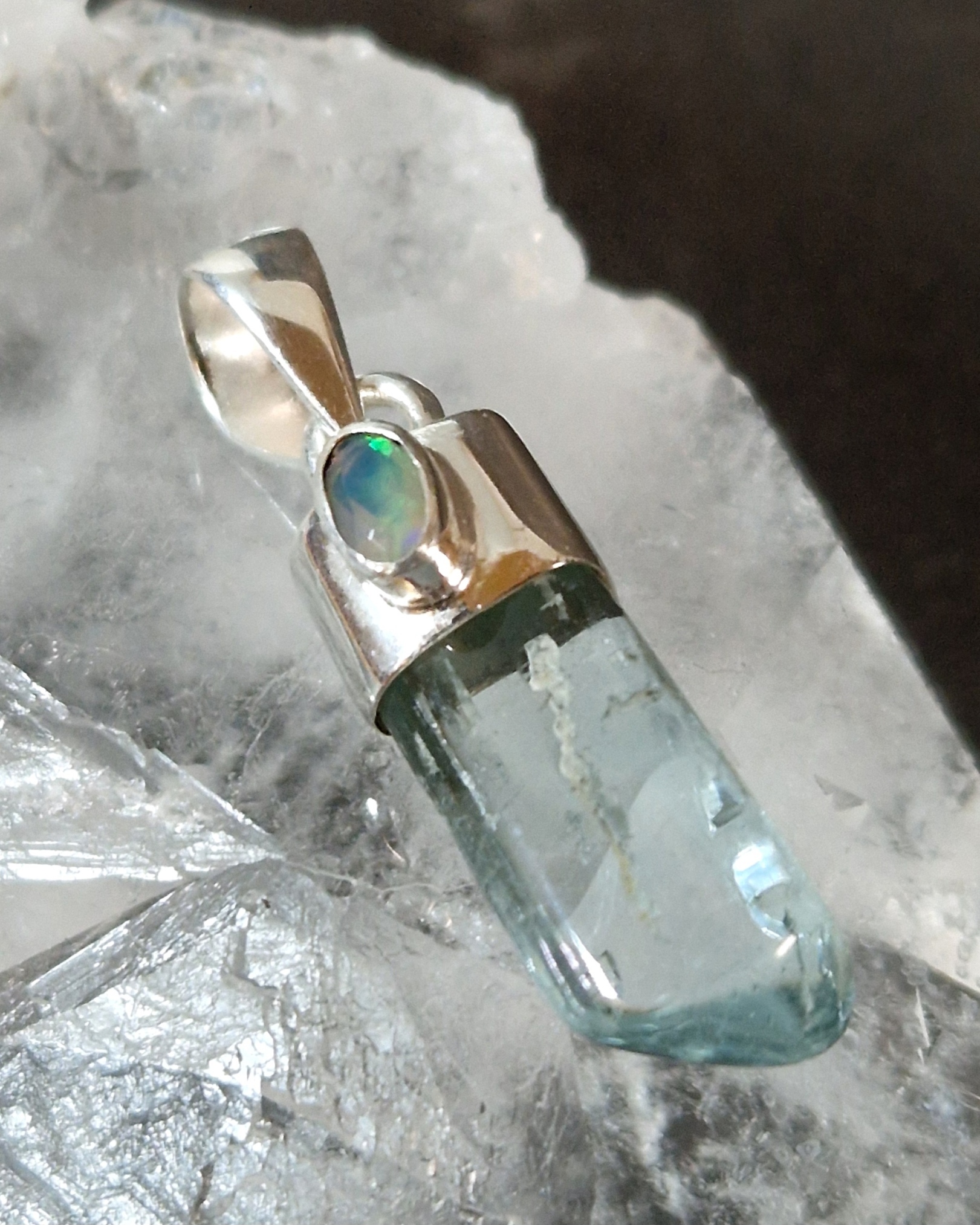 Akvamarin Hänge i Silver med Cabochon i Äkta Opal - 2