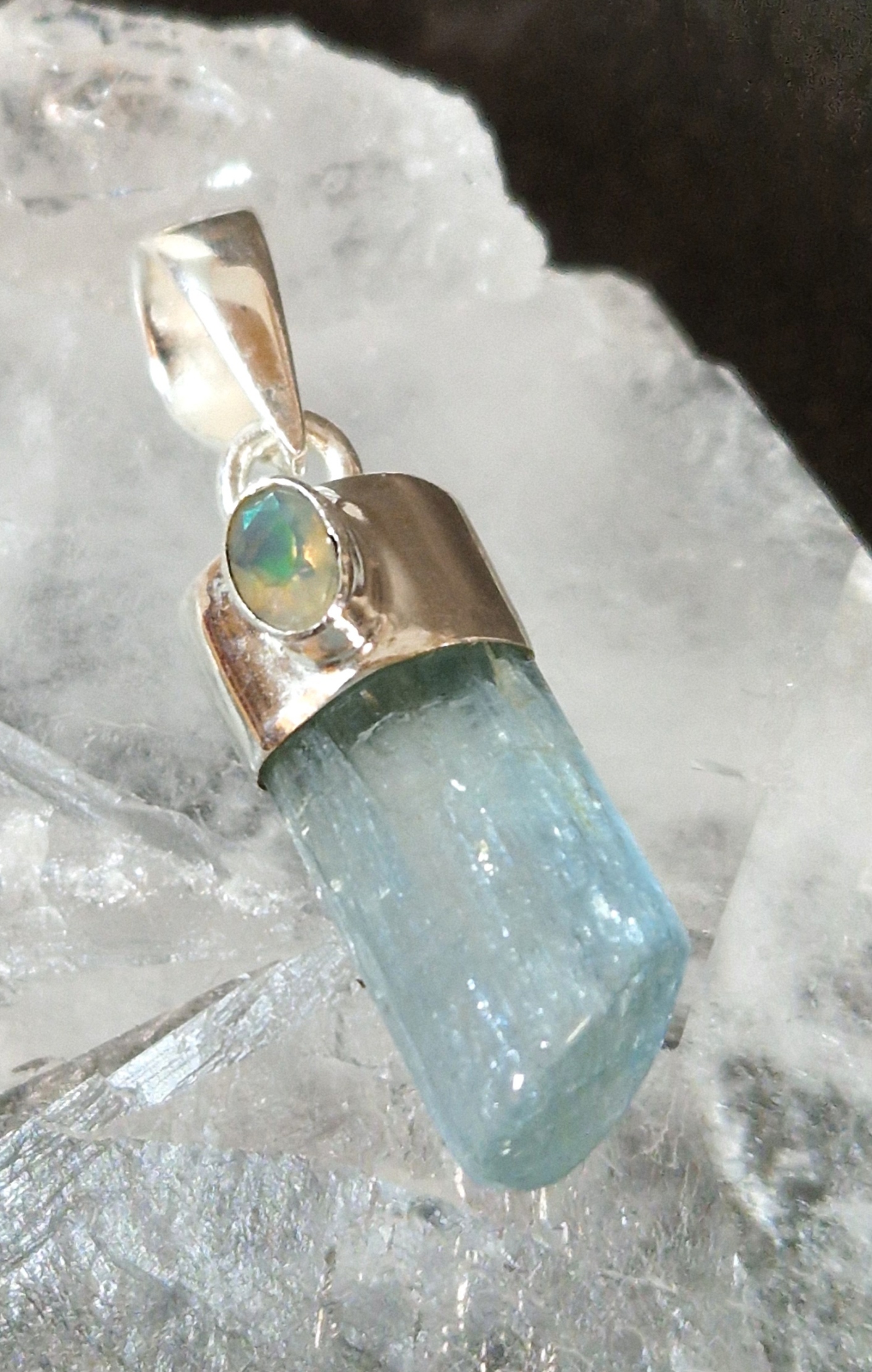 Akvamarin Hänge i Silver med Cabochon i Äkta Opal - 3