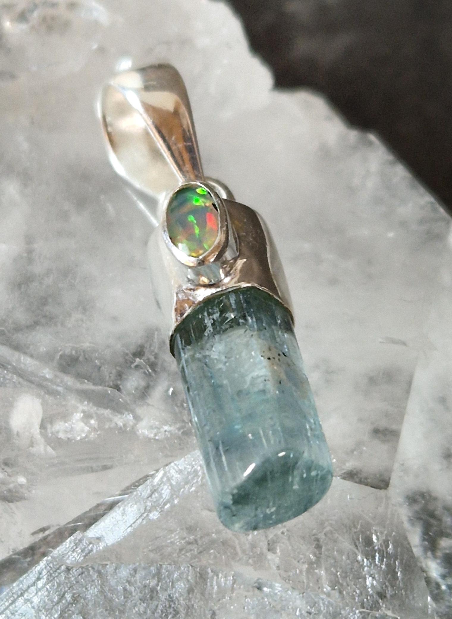 Akvamarin Hänge i Silver med Cabochon i Äkta Opal - 4