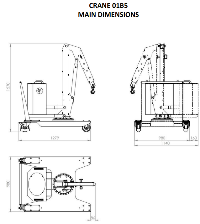 Mobil verkstadskran 01B5, Maxlast: 500-320 kg / Max utligg : 770 mm - 2