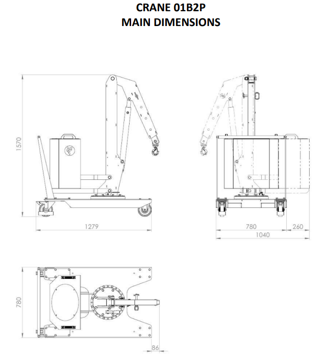 Mobil verkstadskran 01B2P, Maxlast: 200-130 kg / Max utligg : 770 mm  - 2