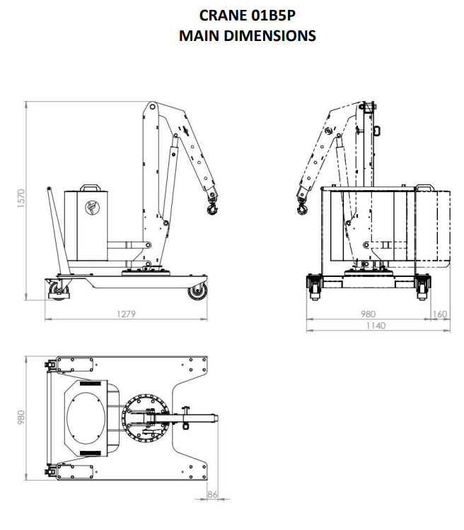 Mobil verkstadskran 01B5P, Maxlast: 500-320 kg / Max utligg : 770 mm  - 2