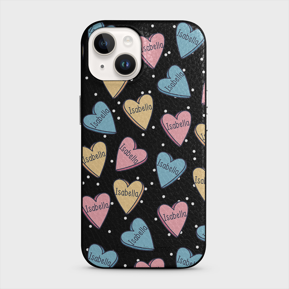 iPhone 14 Personalised Leather Case - Candy Hearts - 3