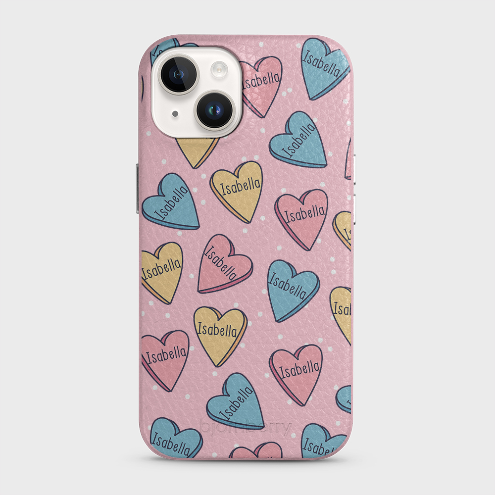 iPhone 14 Personalised Leather Case - Candy Hearts