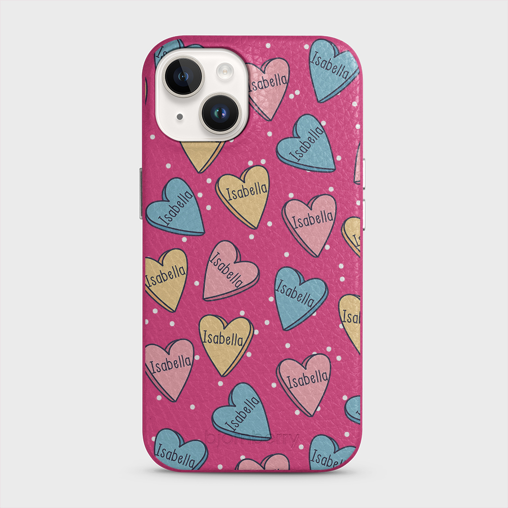 iPhone 14 Personalised Leather Case - Candy Hearts - 5