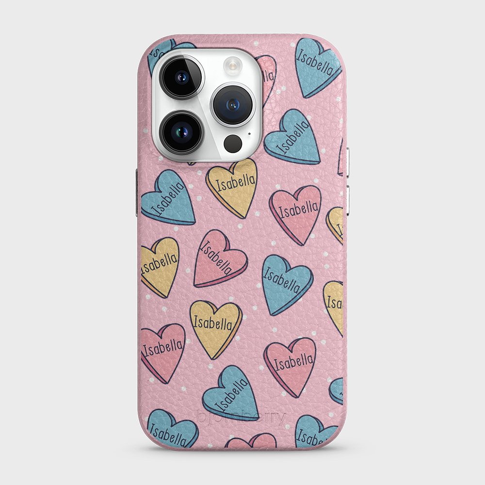 iPhone 14 Pro Personalised Leather Case - Candy Hearts - 7