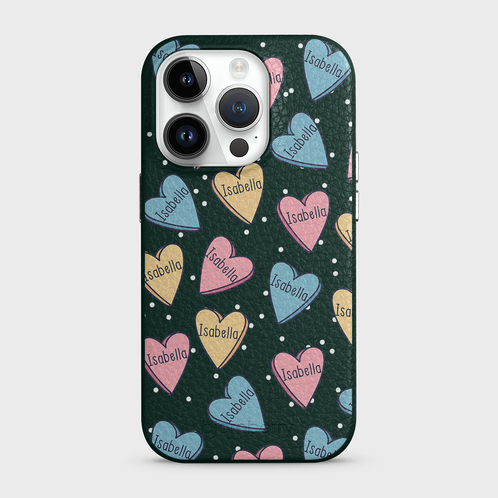 iPhone 14 Pro Personalised Leather Case - Candy Hearts - 5