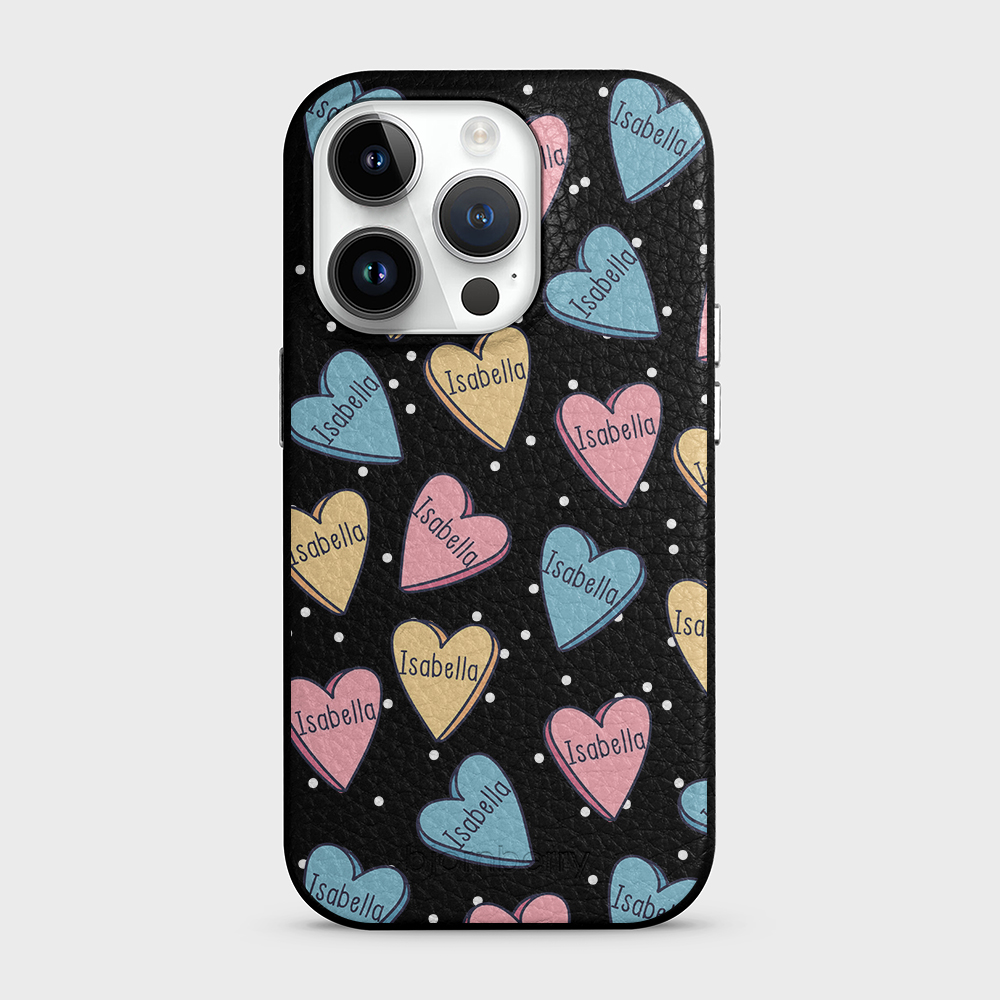 iPhone 14 Pro Personalised Leather Case - Candy Hearts - 9