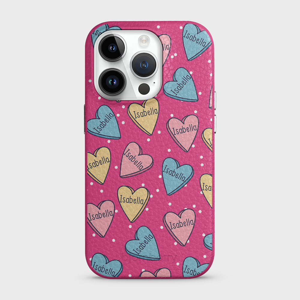 iPhone 14 Pro Personalised Leather Case - Candy Hearts - 3