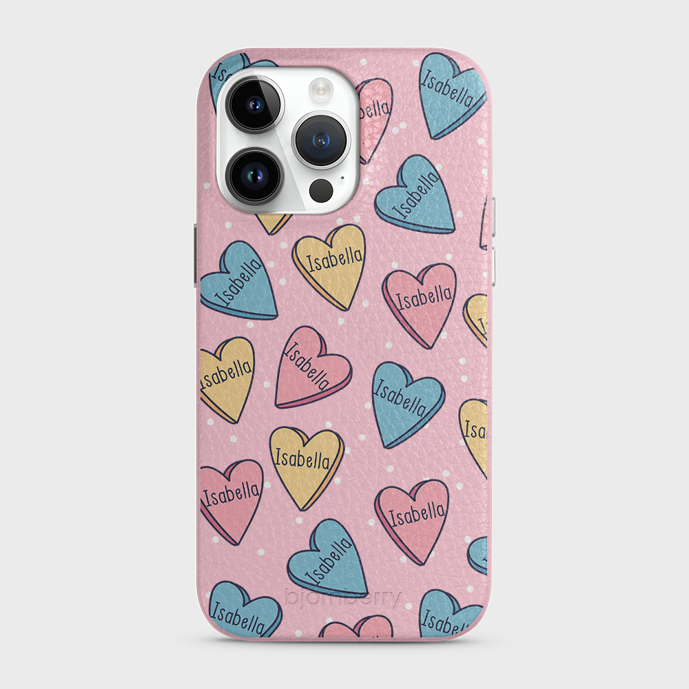 iPhone 14 Pro Max Personalised Leather Case - Candy Hearts - 3